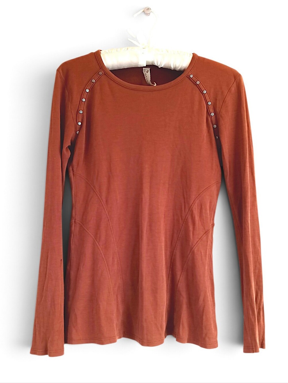 Indigenous Long-Sleeve Scoop Neck Top in Rust Orange Studs Western Lightweight